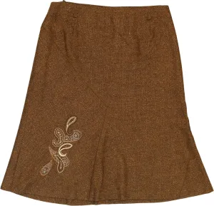 00s Brown Wool Flared Embroidered Skirt