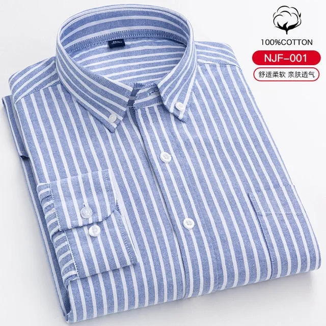 100% Cotton Oxford Plaid Solid Color Striped Shirt Tops Casual Long Sleeve Shirt Slim Fit Shirt Men Camisa Social Korean Clothes