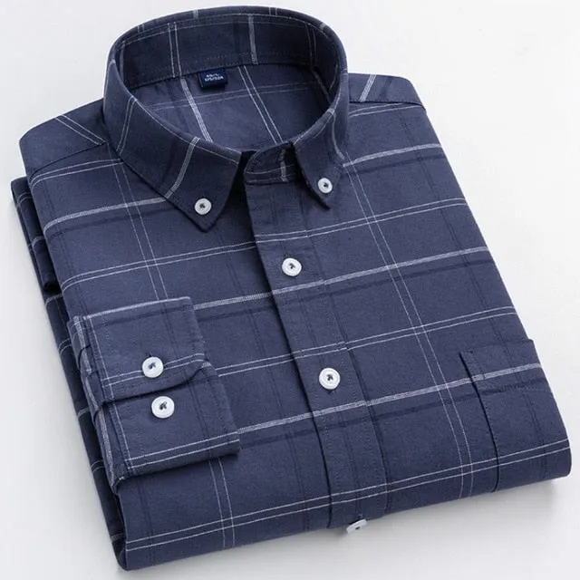 100% Cotton Oxford Plaid Solid Color Striped Shirt Tops Casual Long Sleeve Shirt Slim Fit Shirt Men Camisa Social Korean Clothes