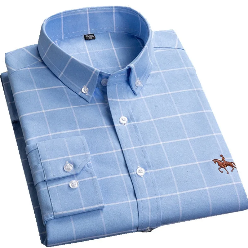 100% Cotton Oxford Plaid Solid Color Striped Shirt Tops Casual Long Sleeve Shirt Slim Fit Shirt Men Camisa Social Korean Clothes