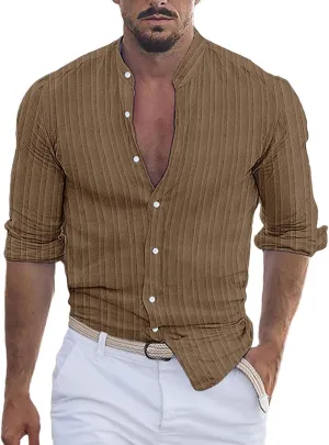 100 Percent Cotton Hemp Shirts for Men Short Sleeve Striped Button Down Athletic Shirt Summer Beach