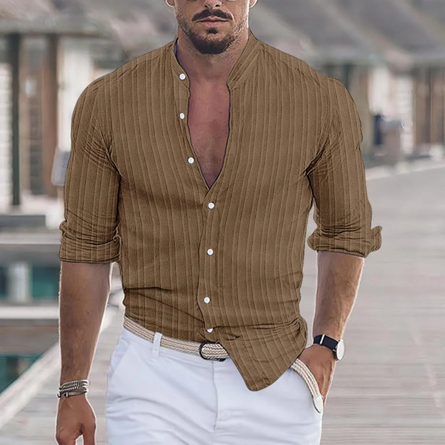 100 Percent Cotton Hemp Shirts for Men Short Sleeve Striped Button Down Athletic Shirt Summer Beach