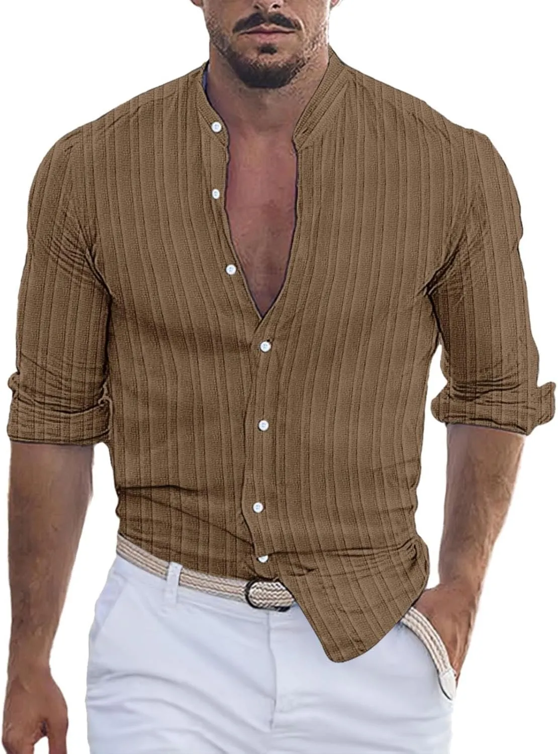 100 Percent Cotton Hemp Shirts for Men Short Sleeve Striped Button Down Athletic Shirt Summer Beach