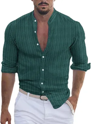 100 Percent Cotton Hemp Shirts for Men Short Sleeve Striped Button Down Athletic Shirt Summer Beach