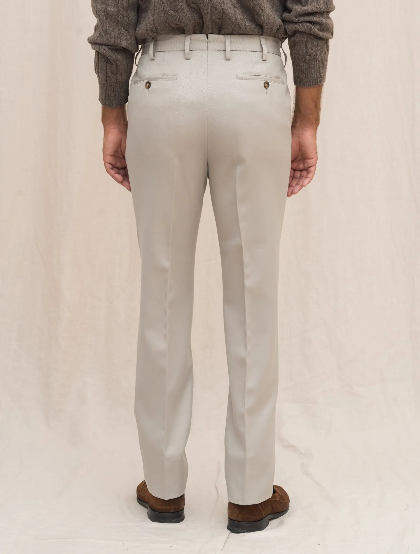 190 Flat Front Wool Twill Trousers Beige