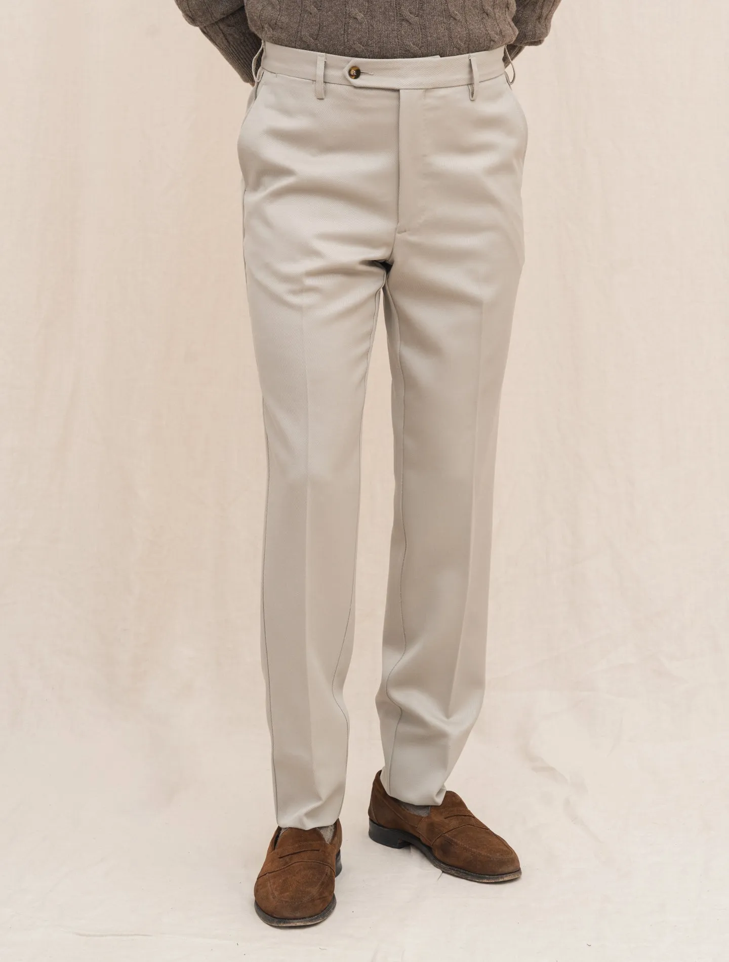 190 Flat Front Wool Twill Trousers Beige