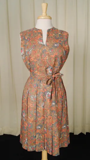 1950s Brown Floral Pleat Dress