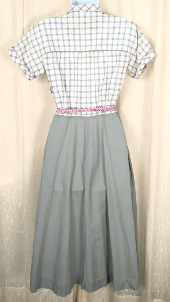 1950s Vintage Gray Plaid Shirt Dress