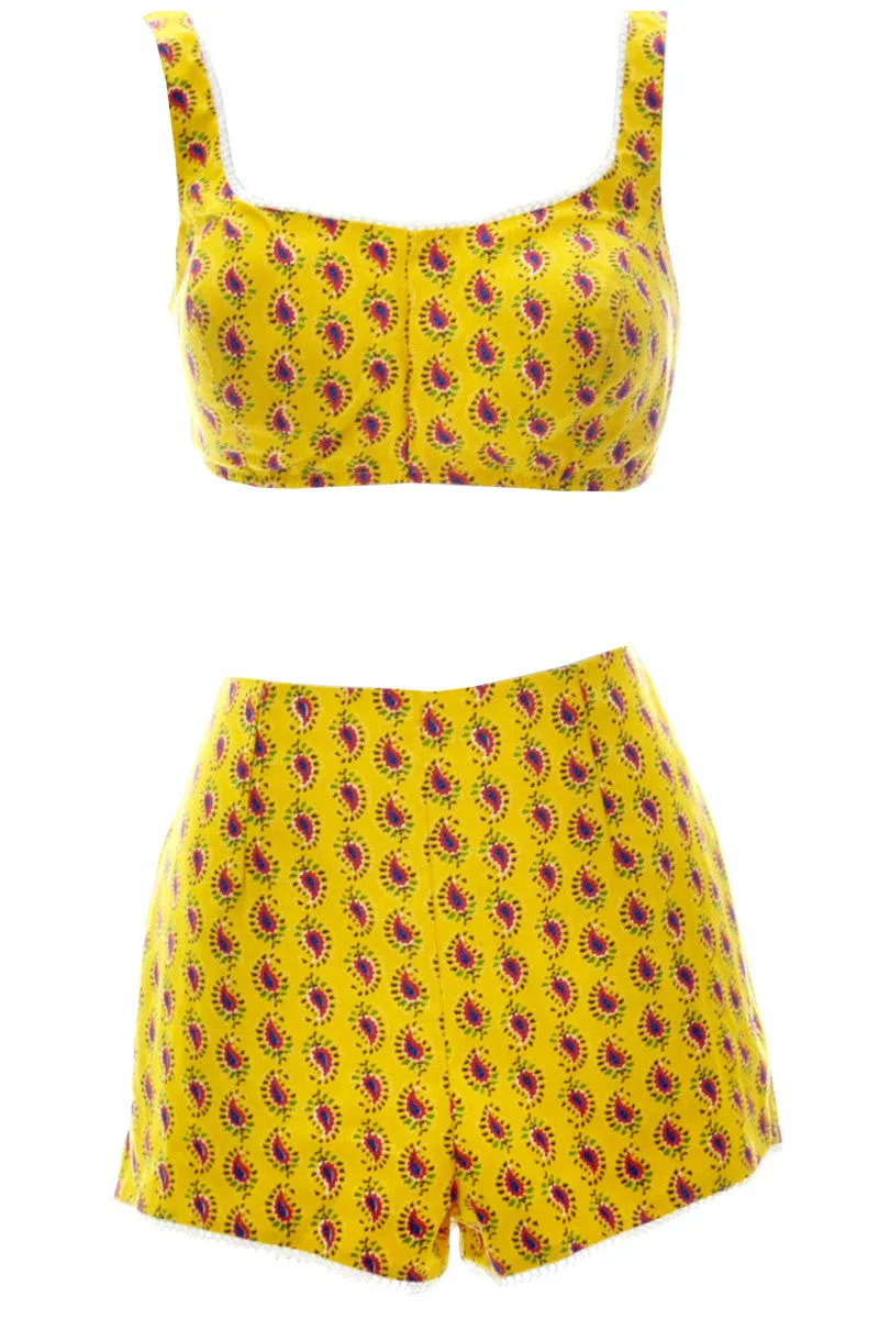 1960s Gidget Yellow Paisley 2 Piece Swimsuit or Playsuit
