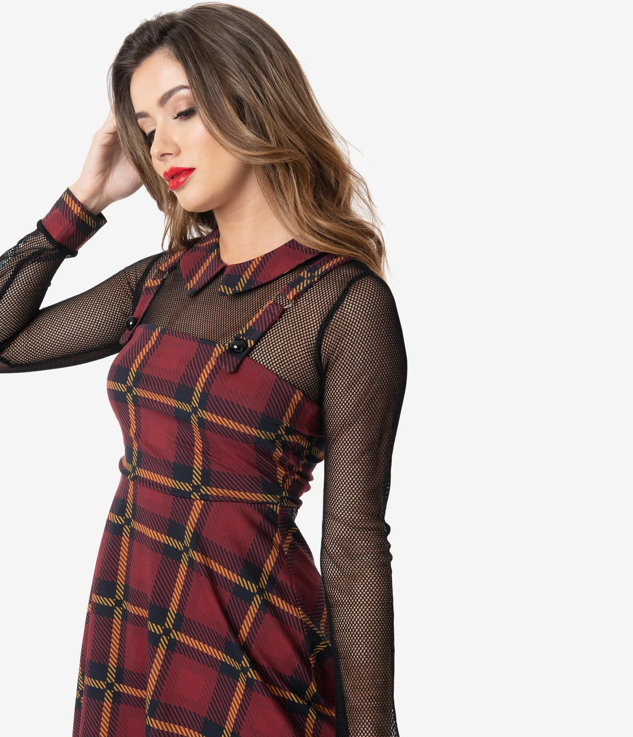 1960s Style Burgundy Red House Tartan Mesh Sleeve Fit & Flare Dress