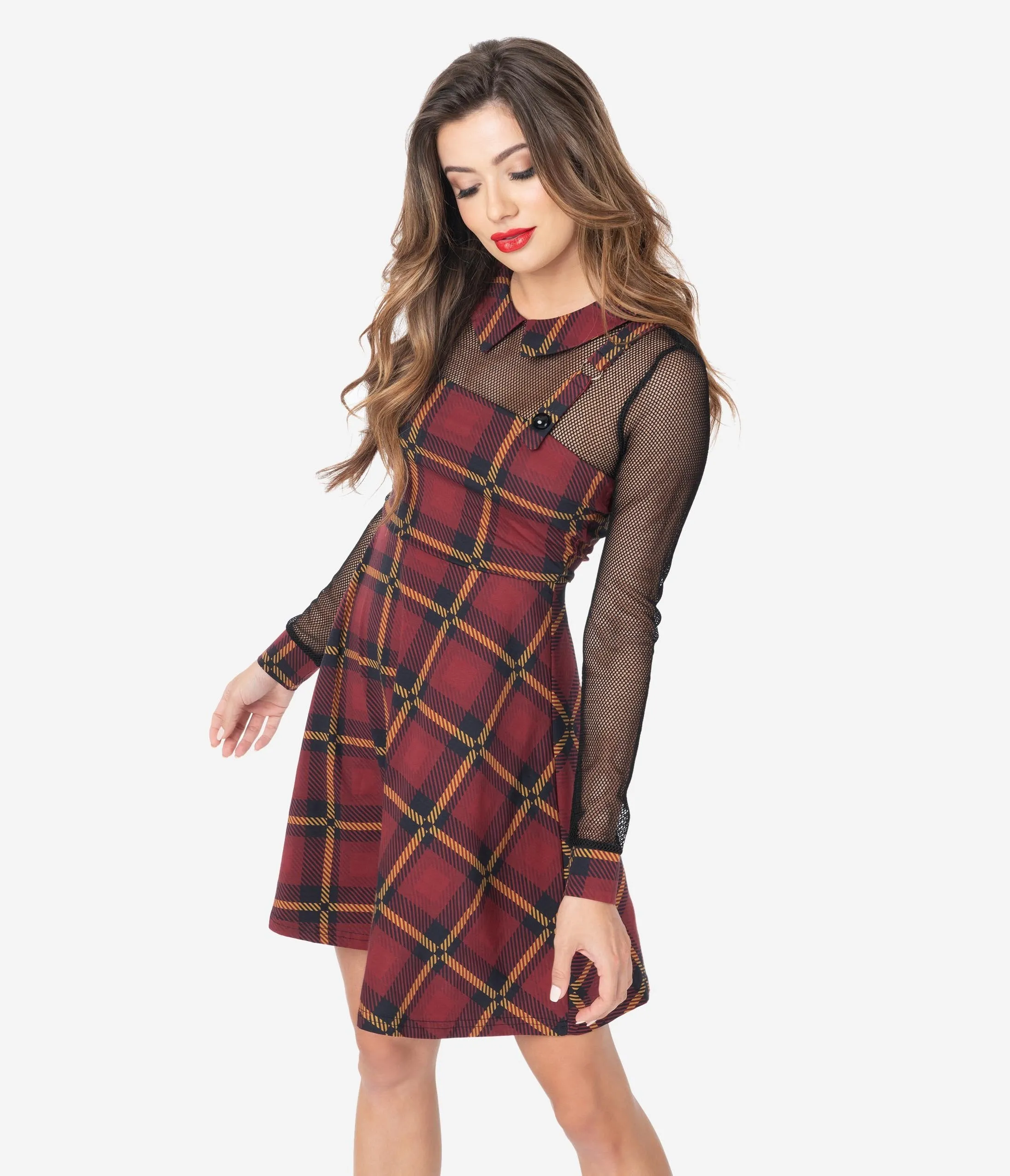 1960s Style Burgundy Red House Tartan Mesh Sleeve Fit & Flare Dress