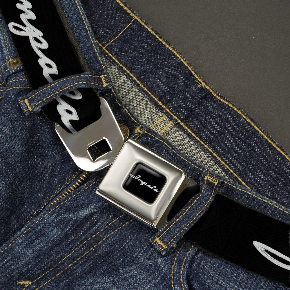 1962 IMPALA Script Emblem Full Color Black Silver Seatbelt Belt - 1962 IMPALA Script Emblem Black/Silver Webbing