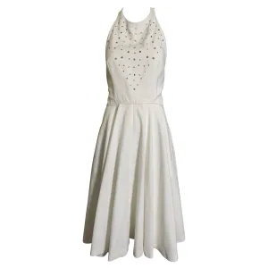 1980s Does 1950s White Pique Halter Dress w/Rhinestones