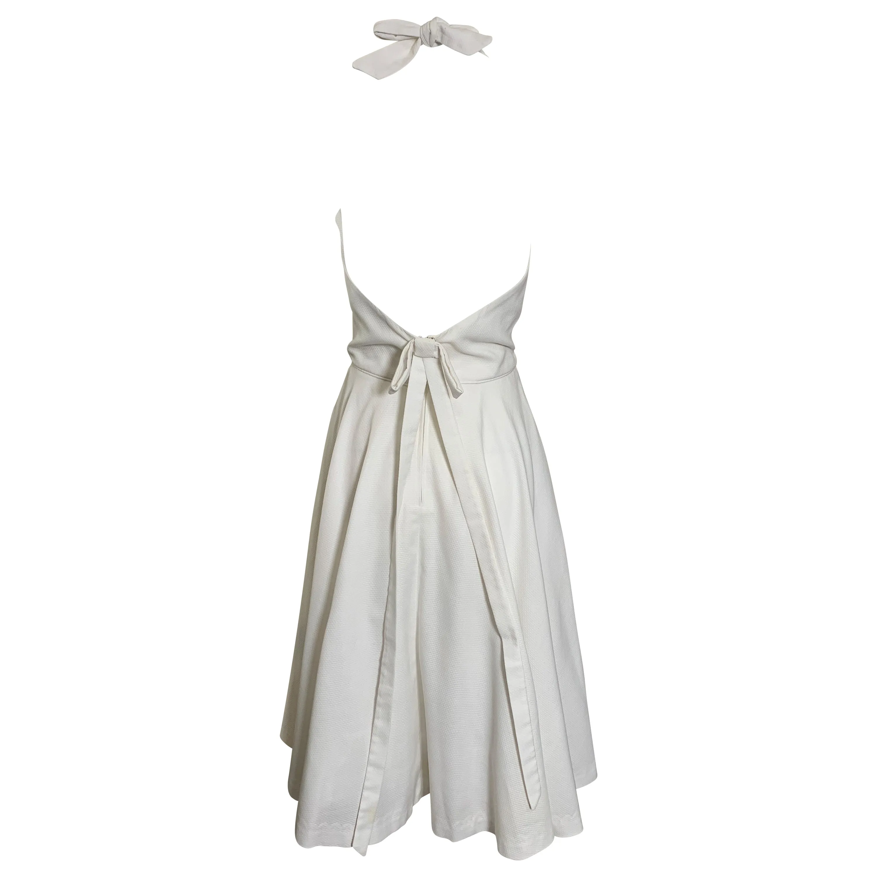 1980s Does 1950s White Pique Halter Dress w/Rhinestones