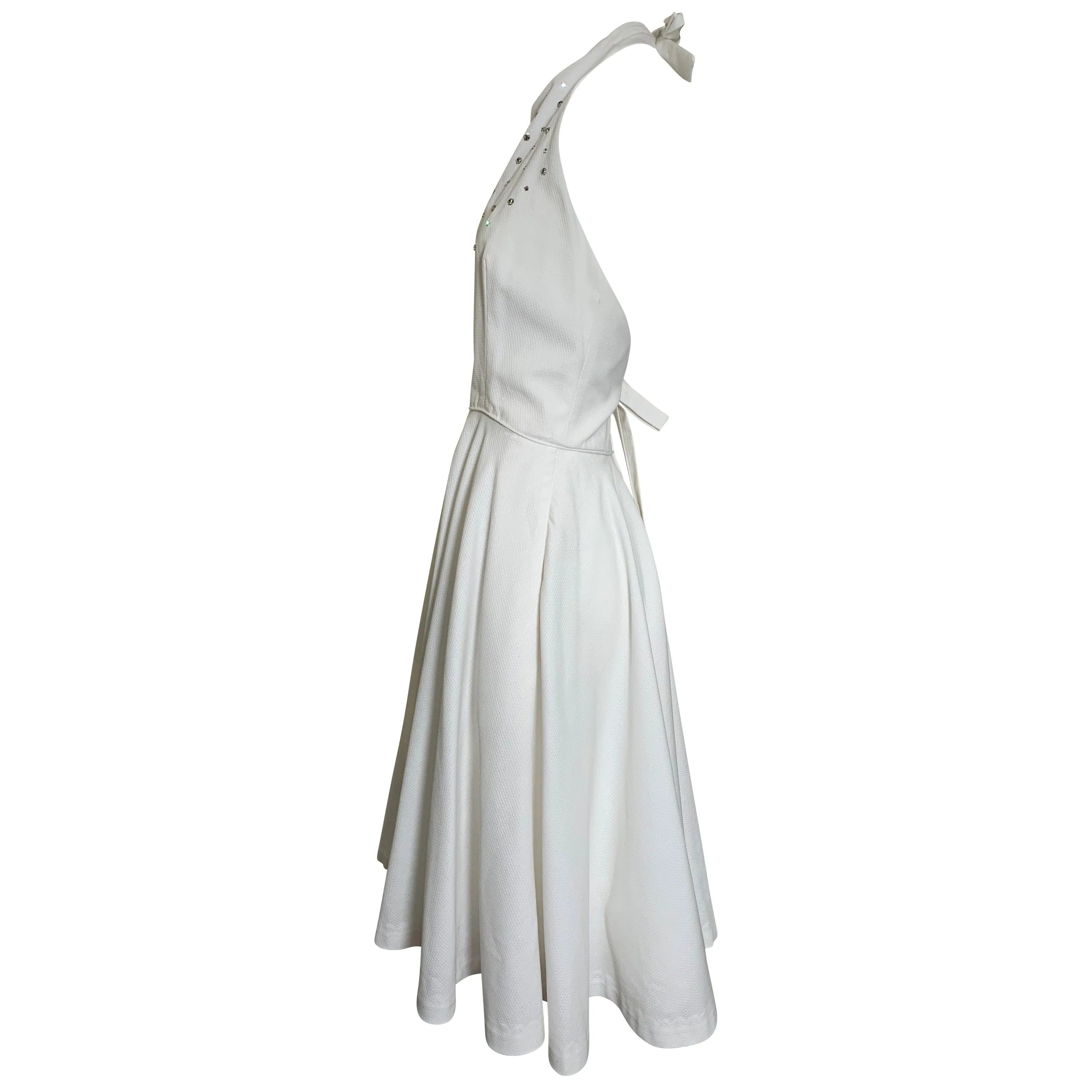 1980s Does 1950s White Pique Halter Dress w/Rhinestones