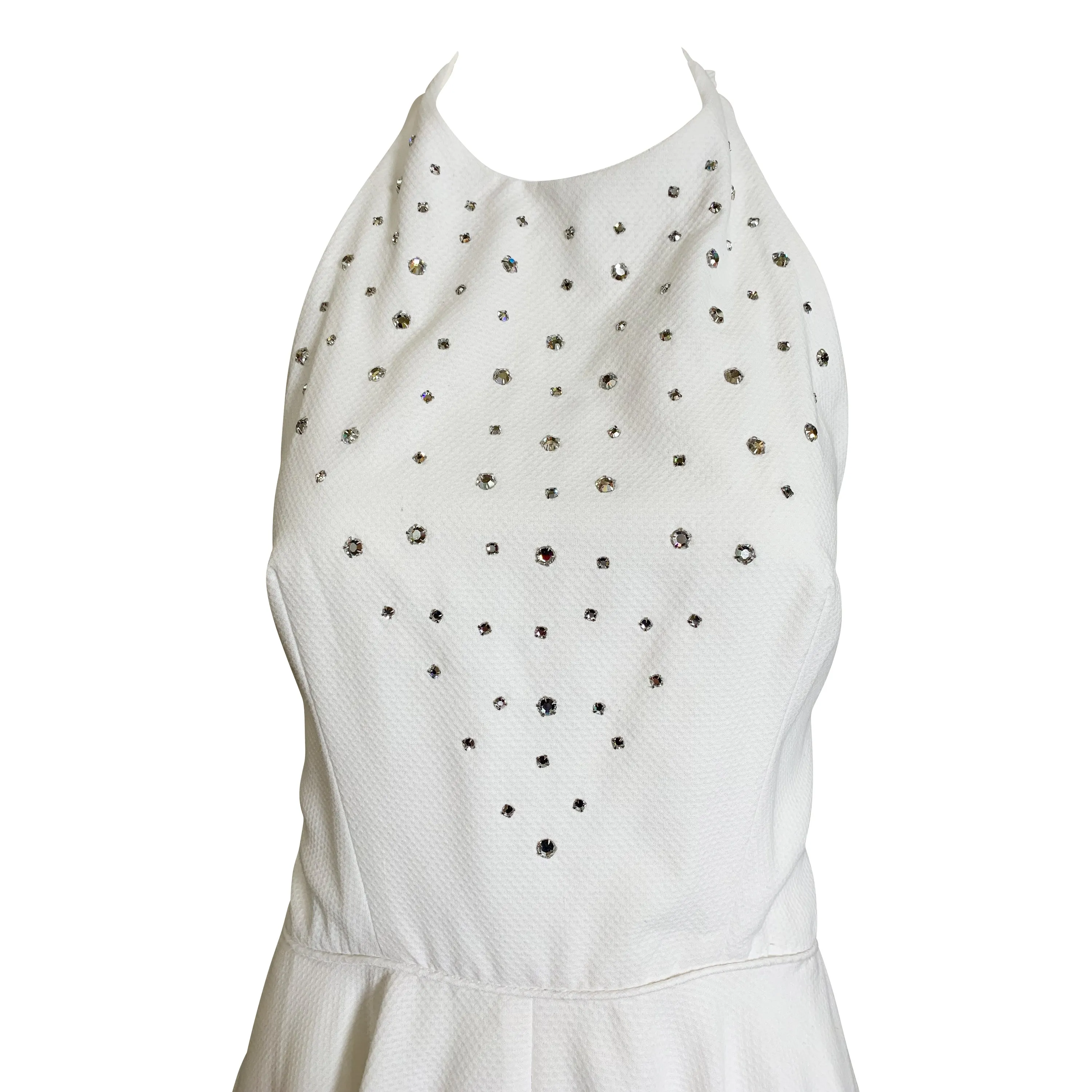 1980s Does 1950s White Pique Halter Dress w/Rhinestones