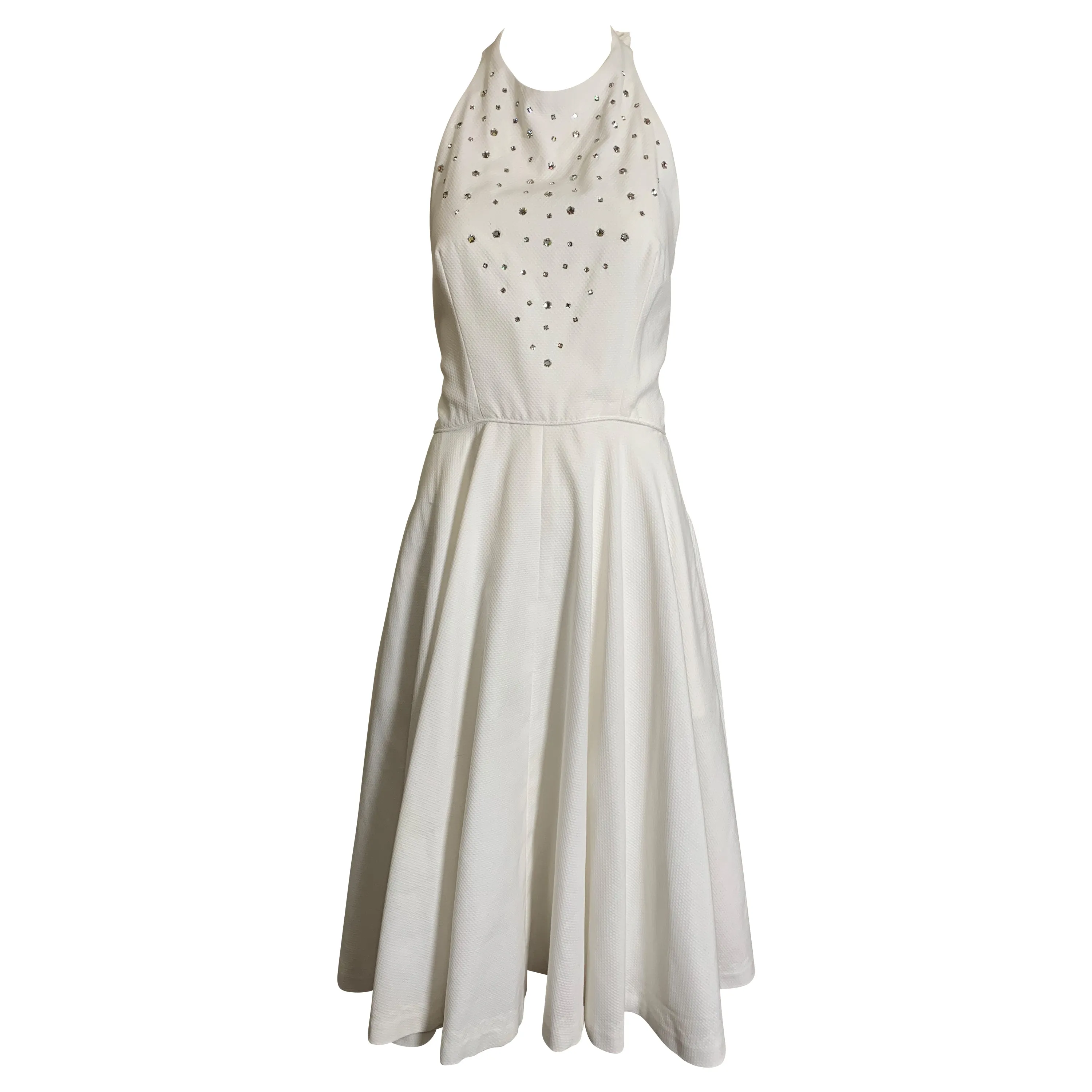 1980s Does 1950s White Pique Halter Dress w/Rhinestones