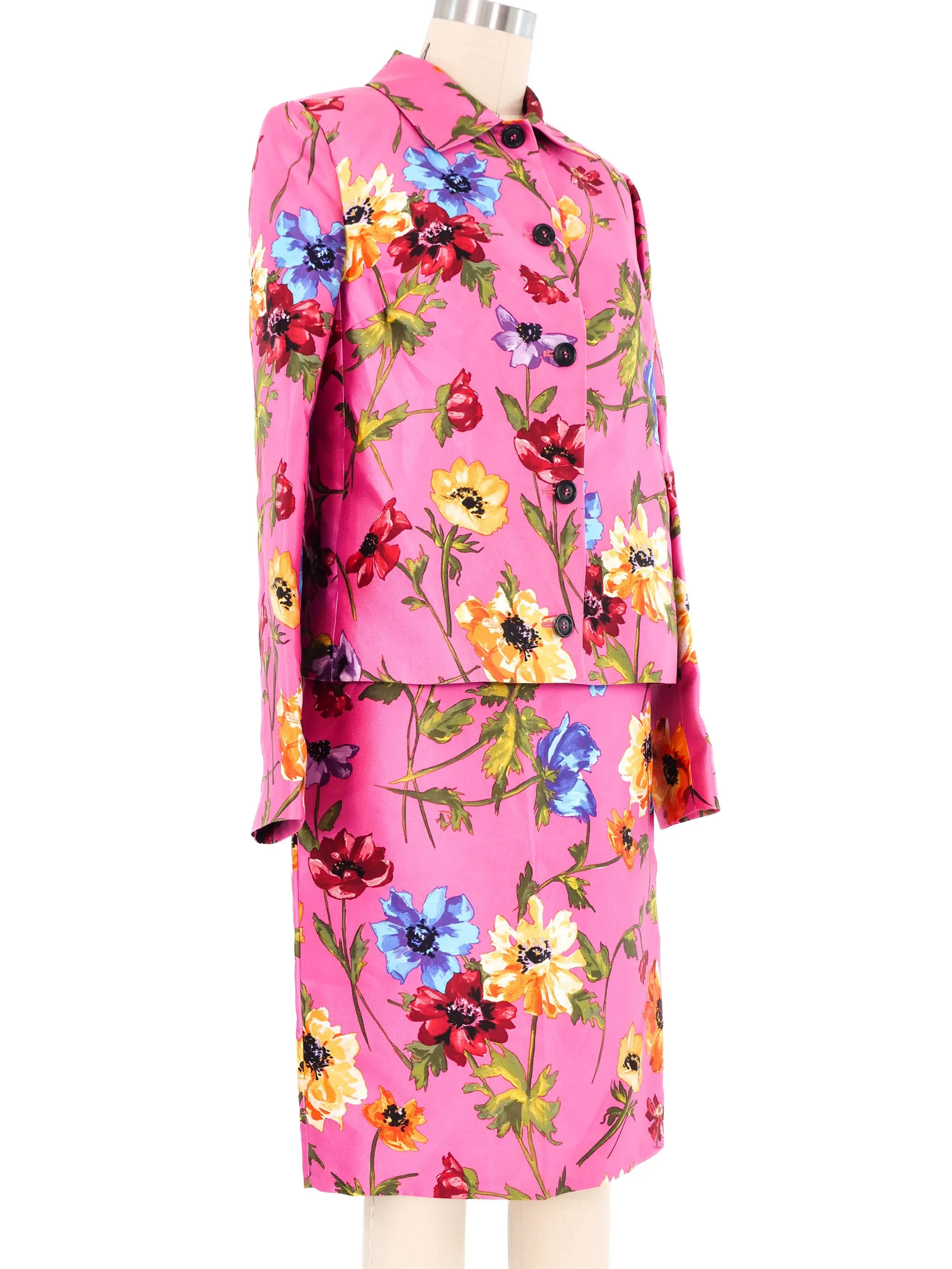 1990s Dolce and Gabbana Pink Floral Skirt Suit