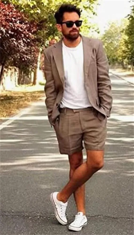 2 Pcs Linen Men Suits Summer Shorts Blazer Set Beach Wedding Lightweight Men Outfits Mens Wedding Grooms