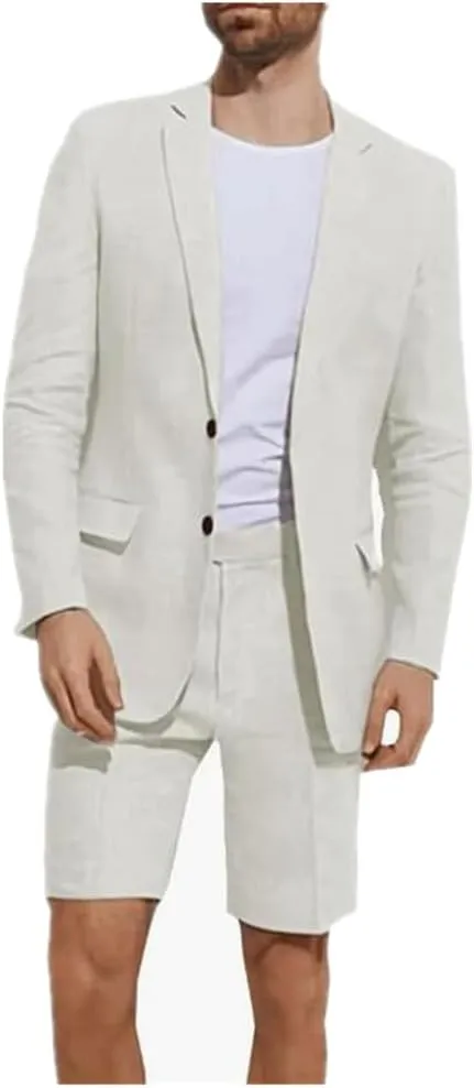 2 Pcs Linen Men Suits Summer Shorts Blazer Set Beach Wedding Lightweight Men Outfits Mens Wedding Grooms