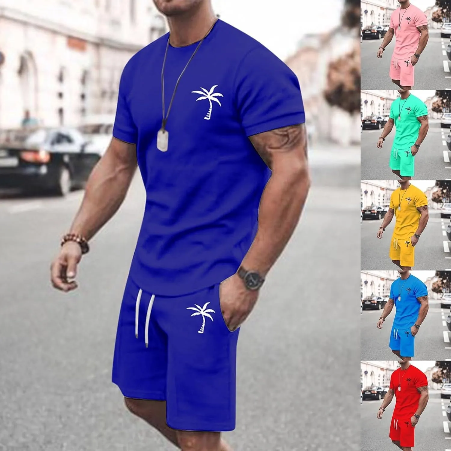 2 Piece Summer Short Sets for Men Casual Workout Athletic Tracksuits Short Sleeve T-Shirt and Drawstring Shorts Beach Set