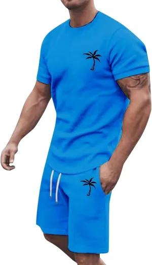 2 Piece Summer Short Sets for Men Casual Workout Athletic Tracksuits Short Sleeve T-Shirt and Drawstring Shorts Beach Set
