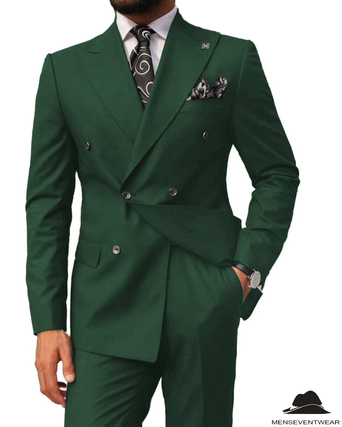 2 pieces Mens Suit Slim Fit Flat Double Breasted Peak Lapel Tuxedos(Blazer Pants)