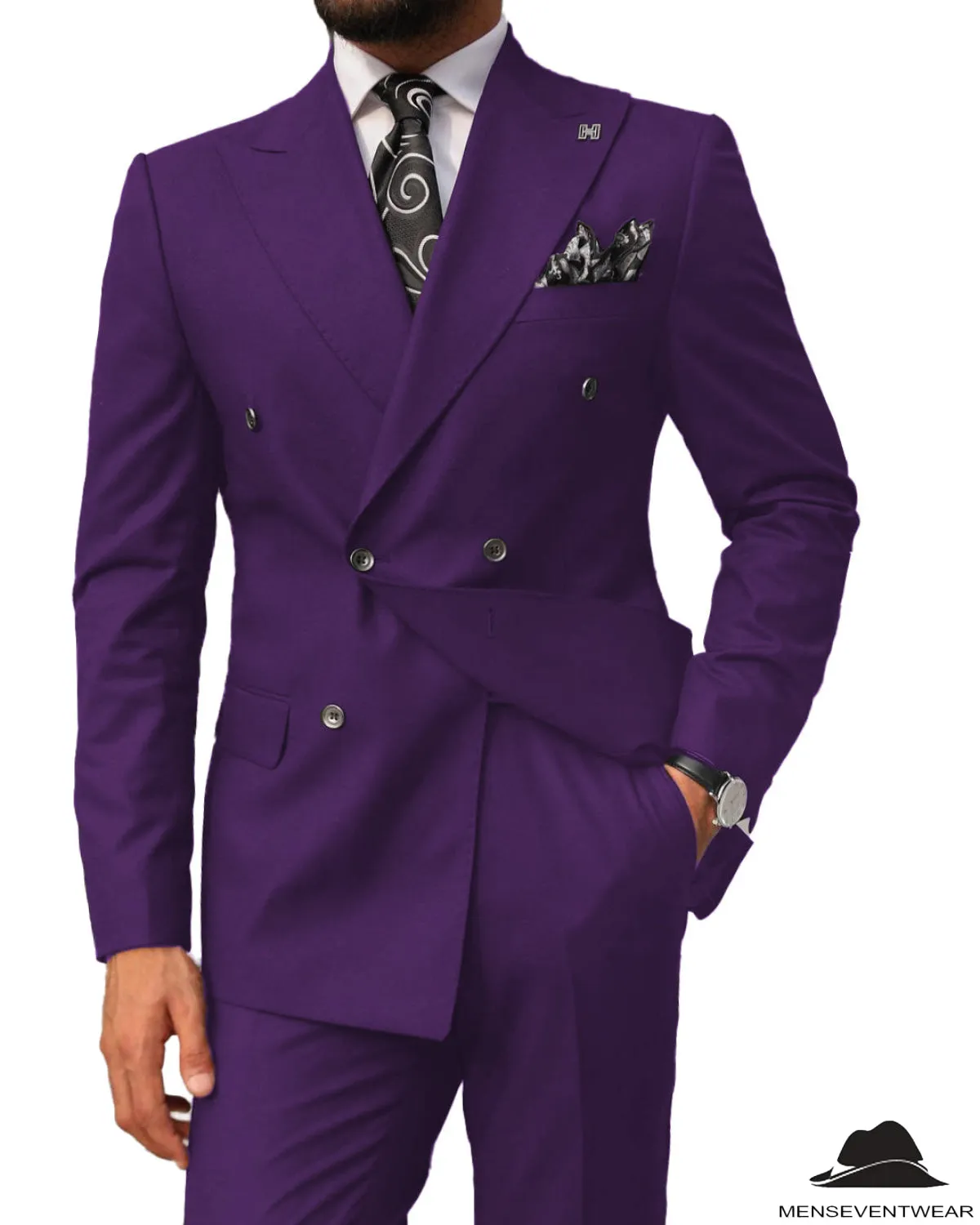 2 pieces Mens Suit Slim Fit Flat Double Breasted Peak Lapel Tuxedos(Blazer Pants)