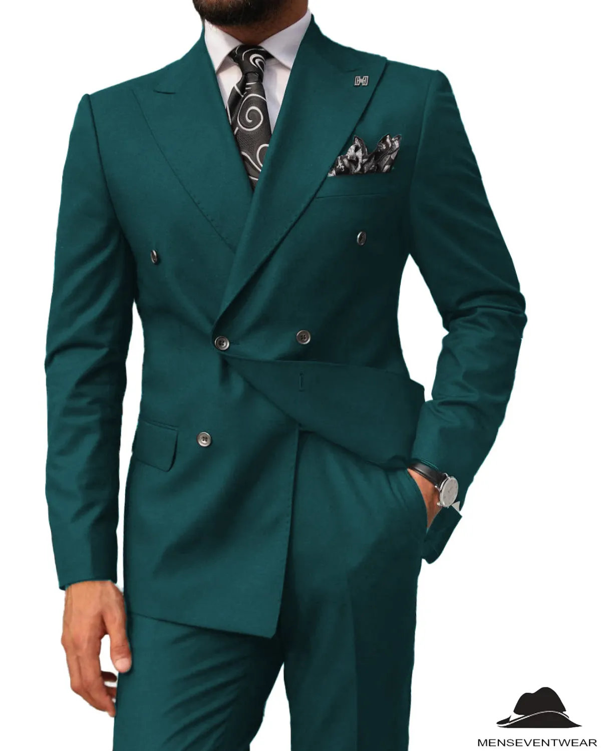 2 pieces Mens Suit Slim Fit Flat Double Breasted Peak Lapel Tuxedos(Blazer Pants)