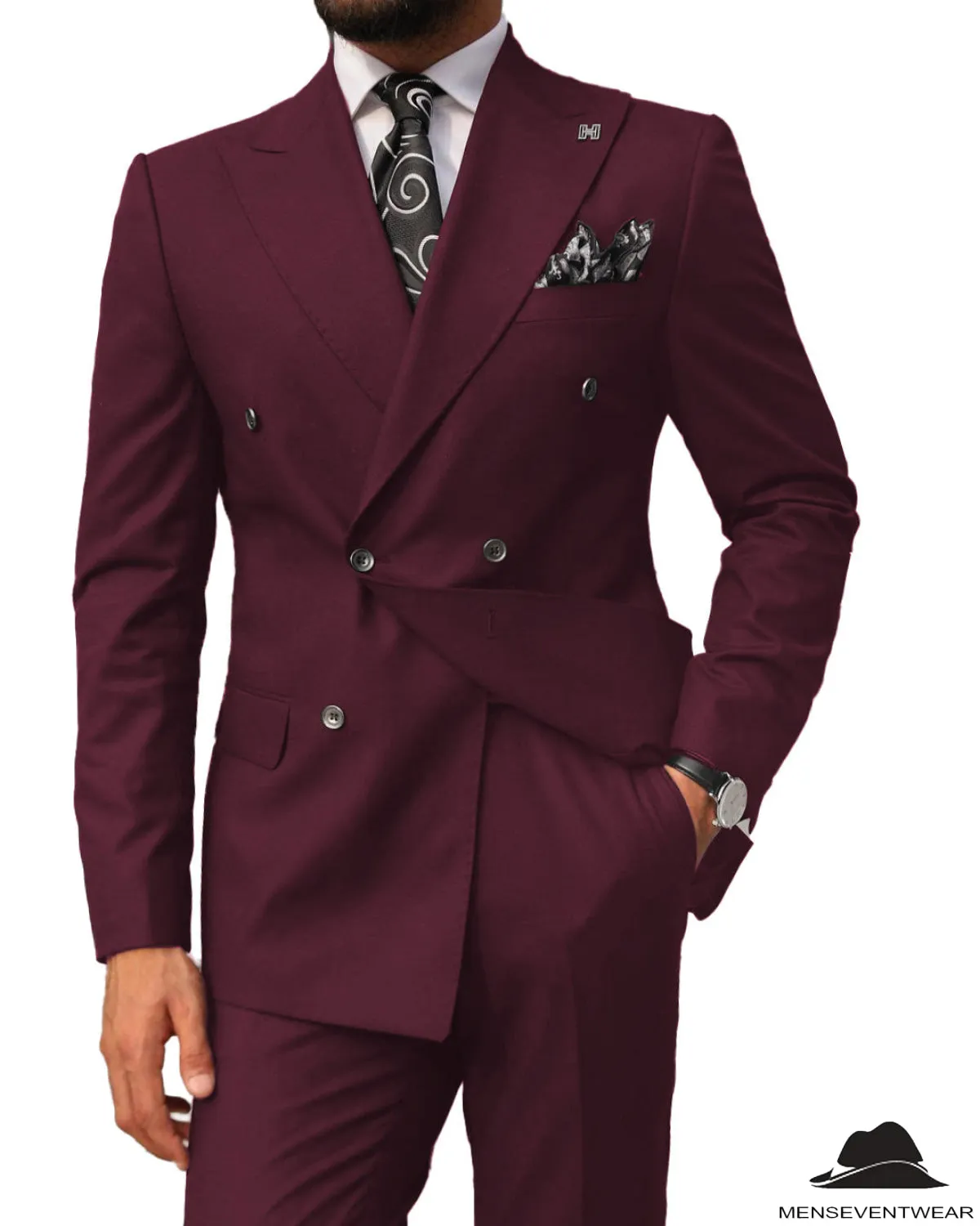 2 pieces Mens Suit Slim Fit Flat Double Breasted Peak Lapel Tuxedos(Blazer Pants)