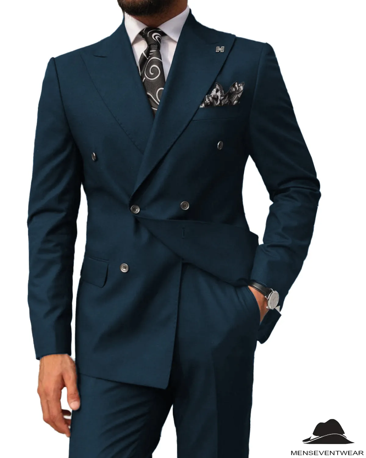 2 pieces Mens Suit Slim Fit Flat Double Breasted Peak Lapel Tuxedos(Blazer Pants)