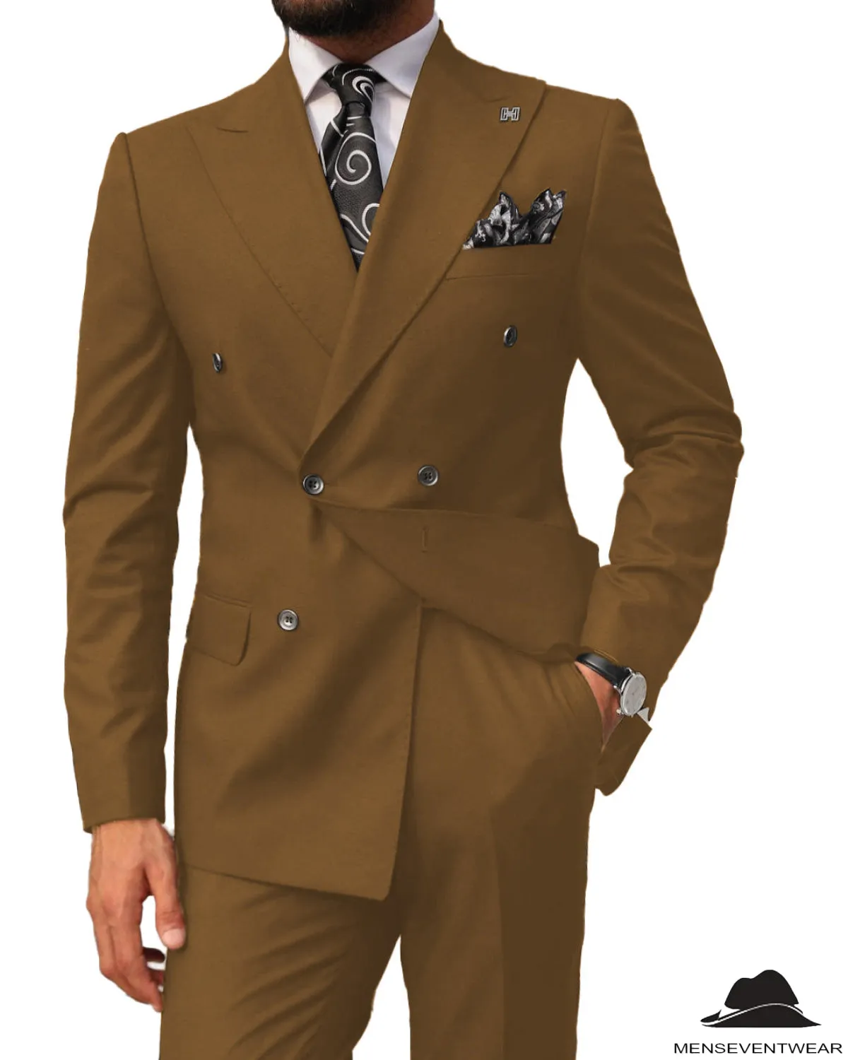 2 pieces Mens Suit Slim Fit Flat Double Breasted Peak Lapel Tuxedos(Blazer Pants)