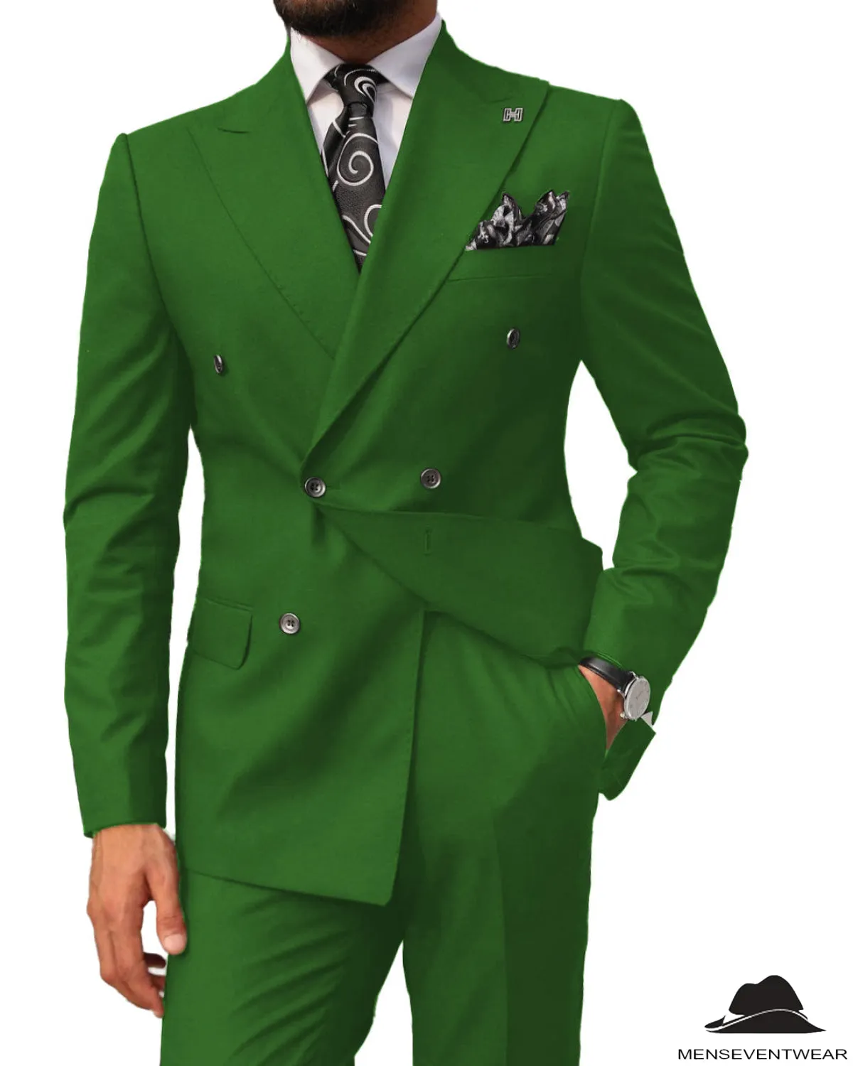 2 pieces Mens Suit Slim Fit Flat Double Breasted Peak Lapel Tuxedos(Blazer Pants)
