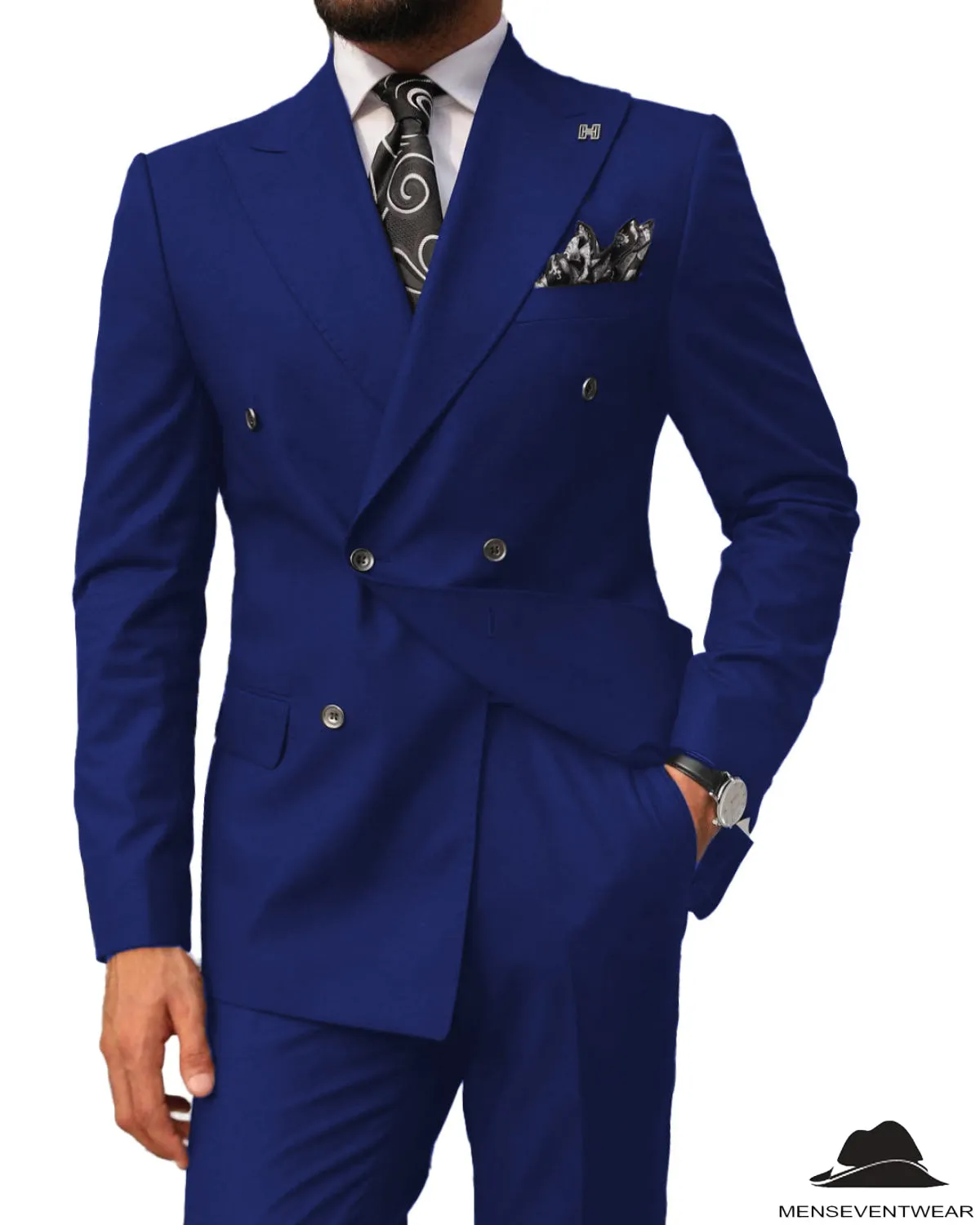2 pieces Mens Suit Slim Fit Flat Double Breasted Peak Lapel Tuxedos(Blazer Pants)