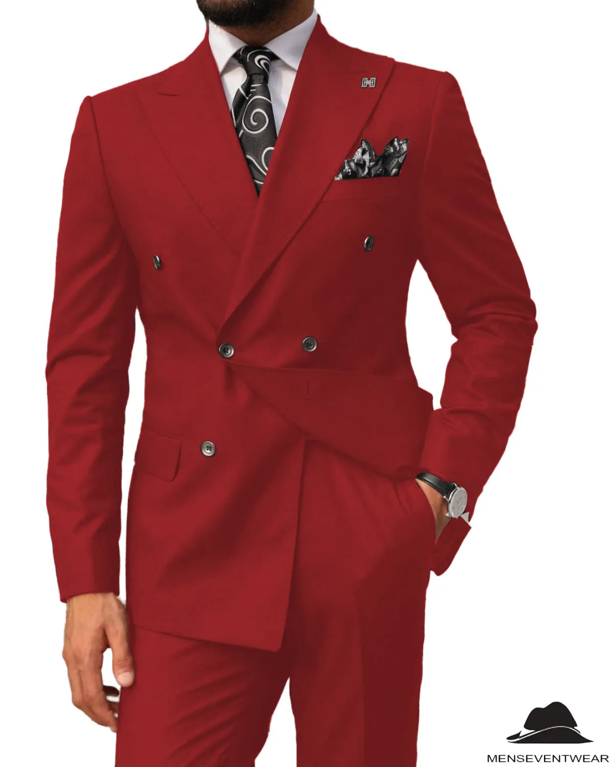 2 pieces Mens Suit Slim Fit Flat Double Breasted Peak Lapel Tuxedos(Blazer Pants)