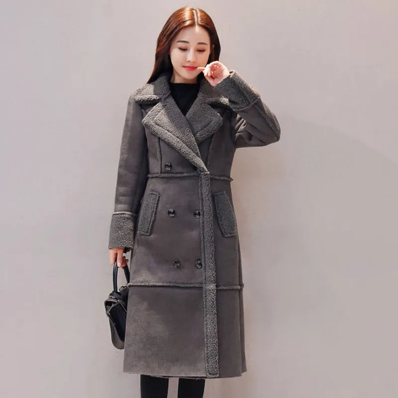 2018 Winter Woman Shearling Coats Faux Suede Leather Jackets Outerwear Female Double Breasted Long Faux Lambs Wool Coat W1395