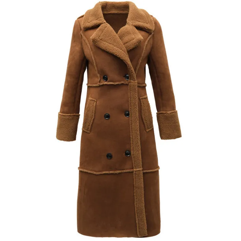 2018 Winter Woman Shearling Coats Faux Suede Leather Jackets Outerwear Female Double Breasted Long Faux Lambs Wool Coat W1395