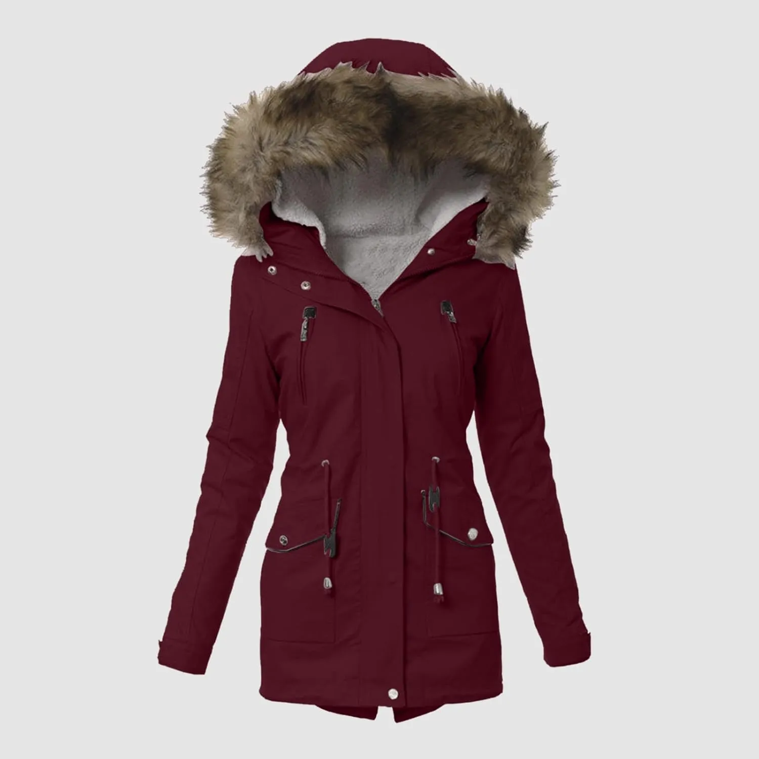 2024 Casual Zip Up Drawstring Fleece Coat for Womens Long Sleeve Comfy Outwear Hooded Loose Warm Overcoat Daily Outfits