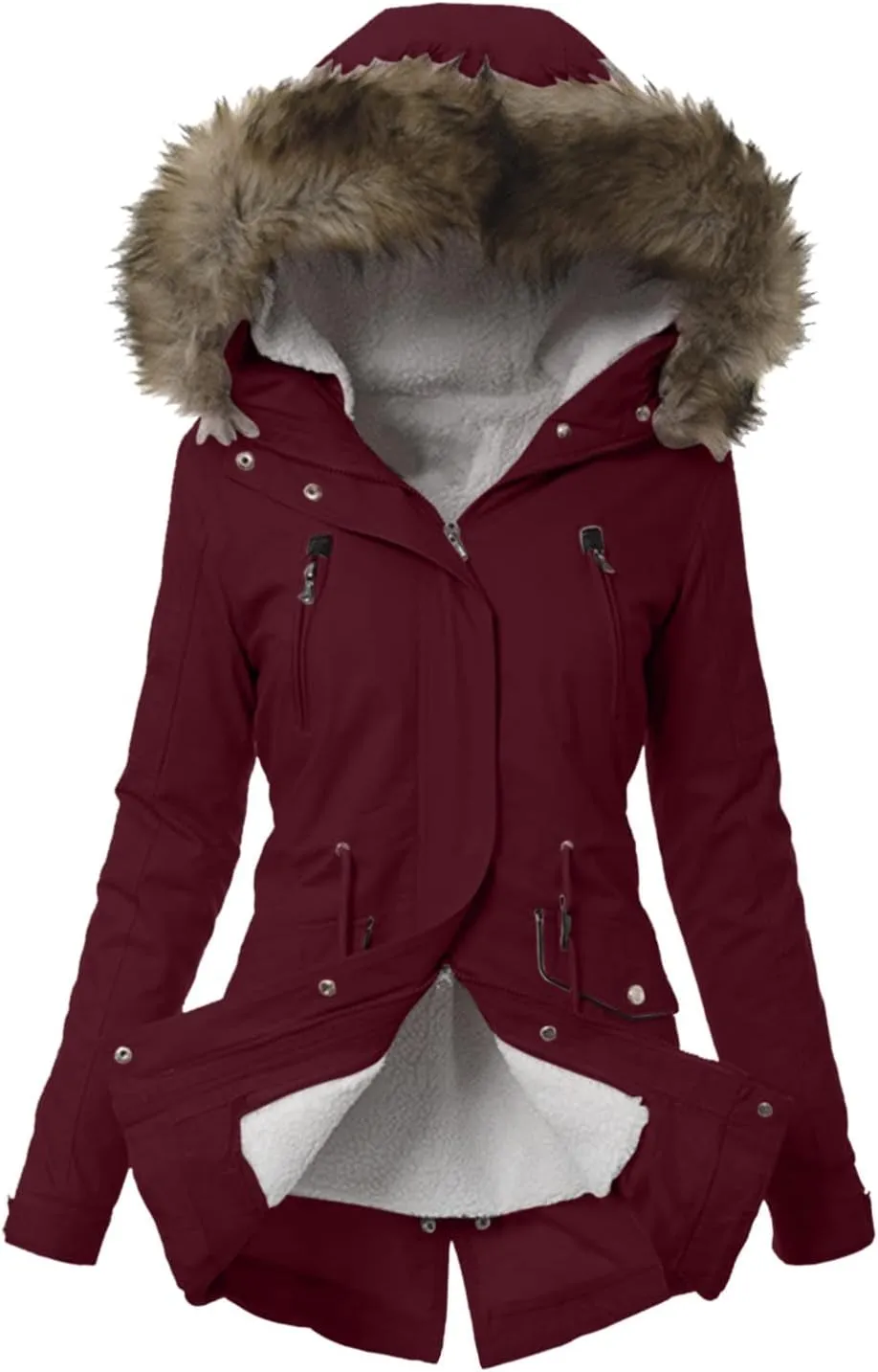 2024 Casual Zip Up Drawstring Fleece Coat for Womens Long Sleeve Comfy Outwear Hooded Loose Warm Overcoat Daily Outfits