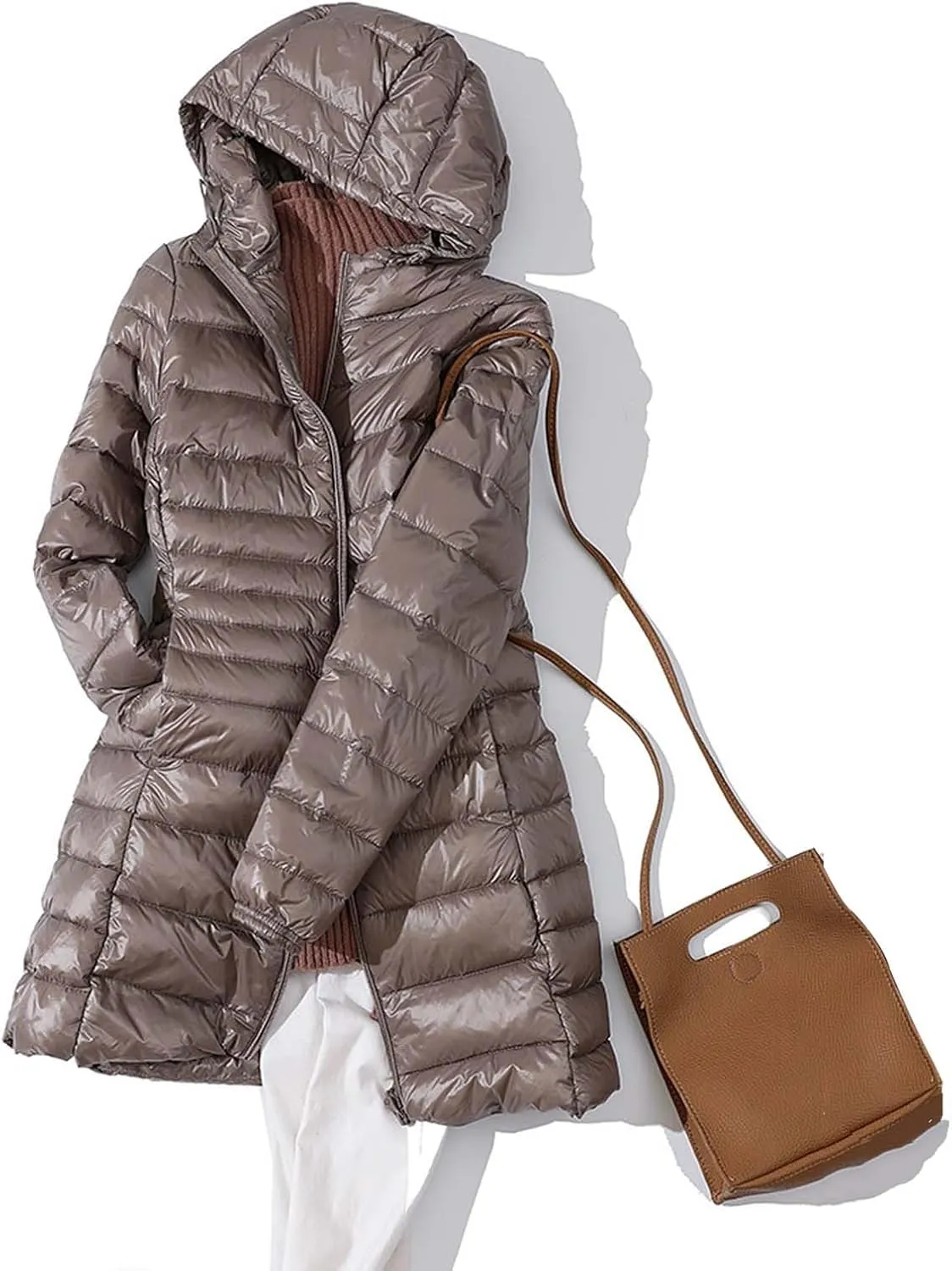 2024 Classic Length Zipper Down Coat for Womens Long Sleeve Casual Quilted Puffer Coat Hooded Warm Slim Down Jacket