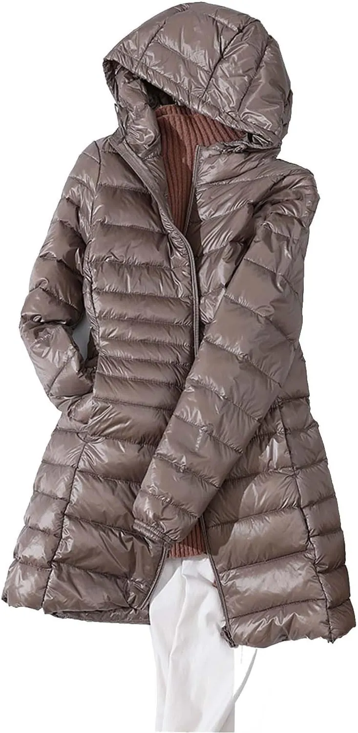 2024 Classic Length Zipper Down Coat for Womens Long Sleeve Casual Quilted Puffer Coat Hooded Warm Slim Down Jacket