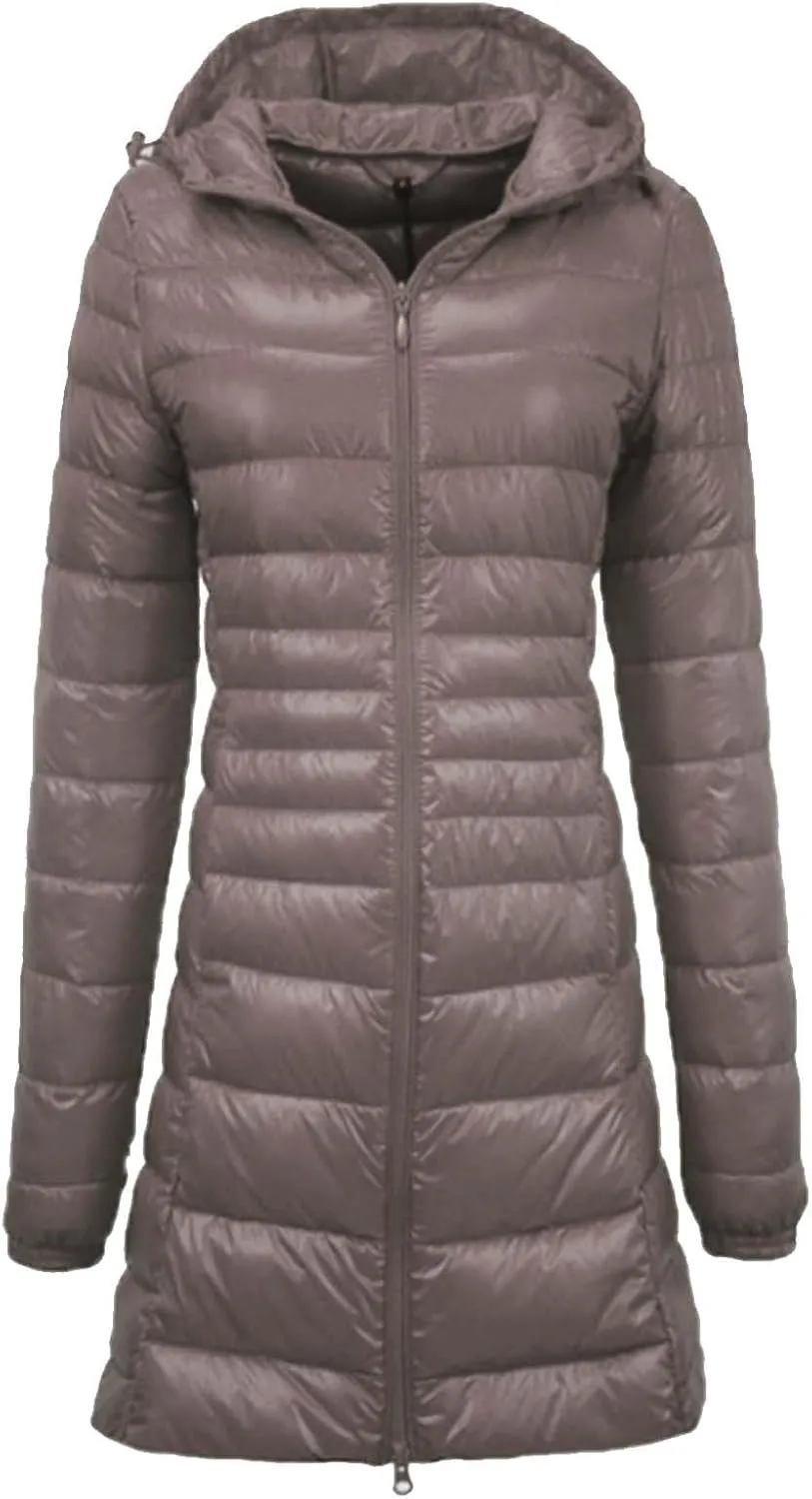 2024 Classic Length Zipper Down Coat for Womens Long Sleeve Casual Quilted Puffer Coat Hooded Warm Slim Down Jacket