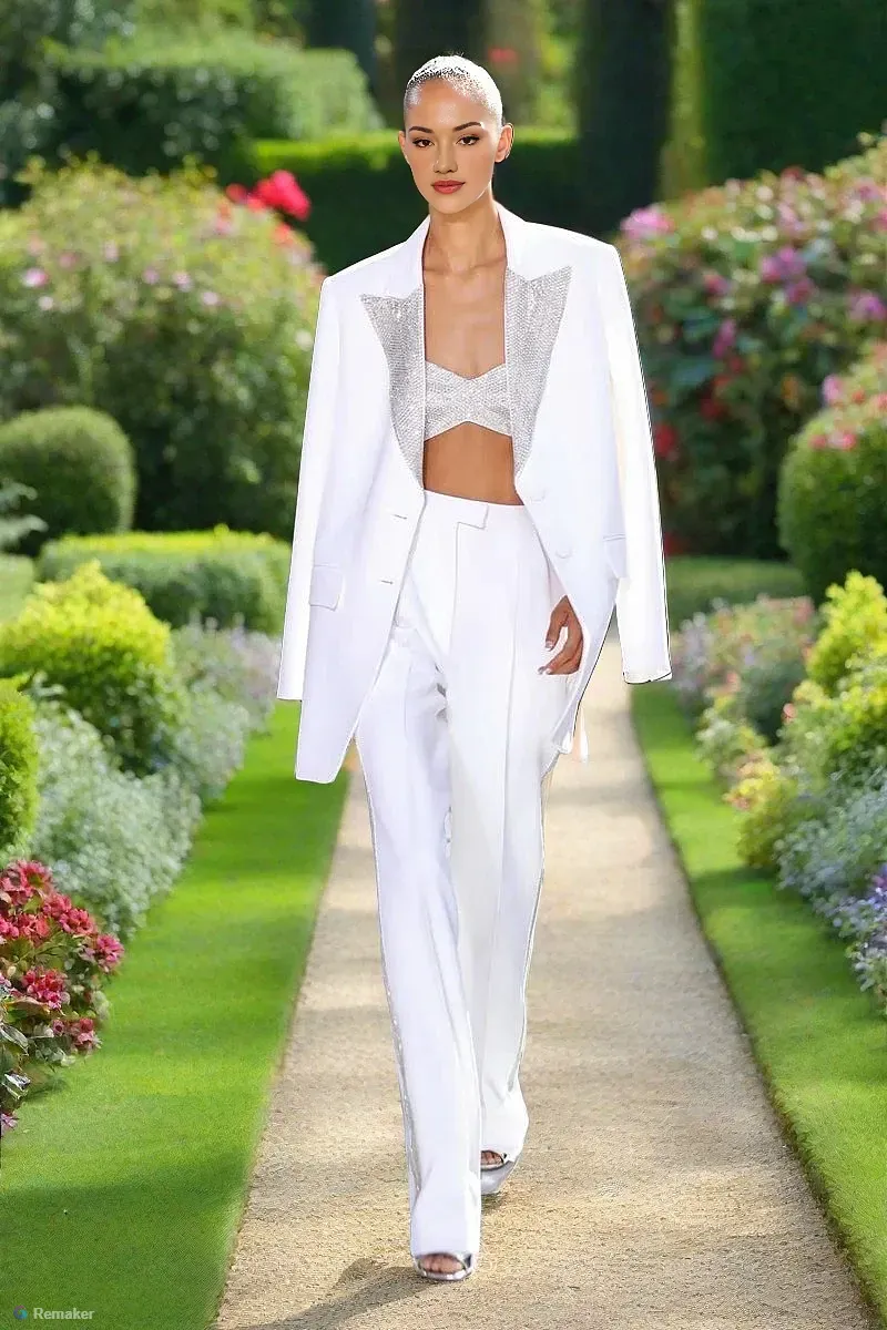 3 Pcs Women Suits Set Jewelry Lapel White Sequins Jacket Blazer Top Bra Wide Legs Pant