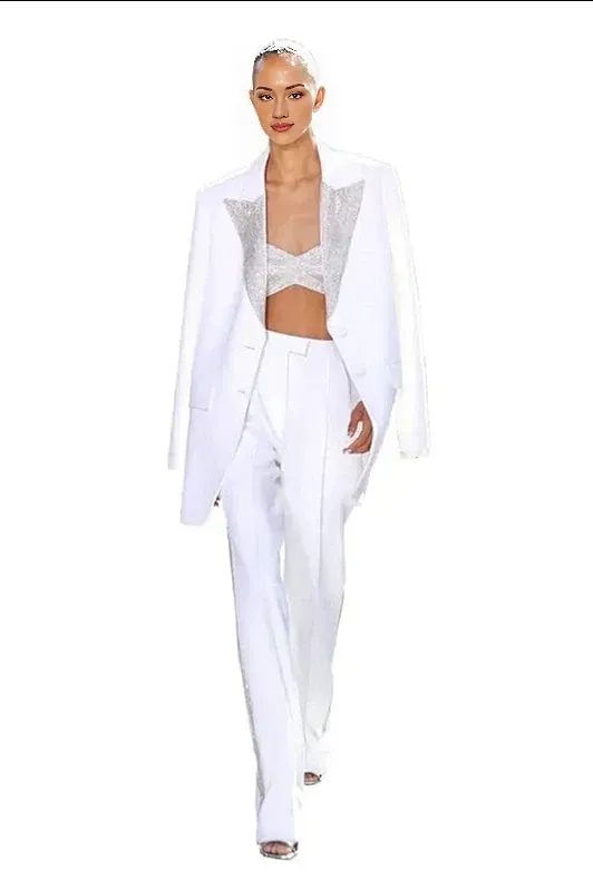 3 Pcs Women Suits Set Jewelry Lapel White Sequins Jacket Blazer Top Bra Wide Legs Pant