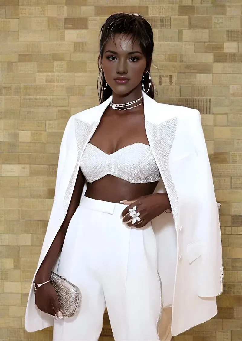 3 Pcs Women Suits Set Jewelry Lapel White Sequins Jacket Blazer Top Bra Wide Legs Pant
