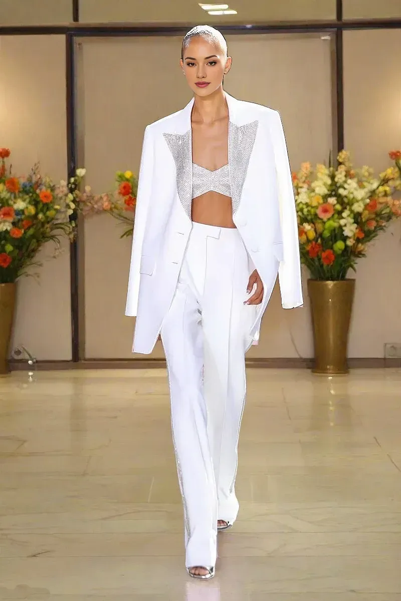 3 Pcs Women Suits Set Jewelry Lapel White Sequins Jacket Blazer Top Bra Wide Legs Pant