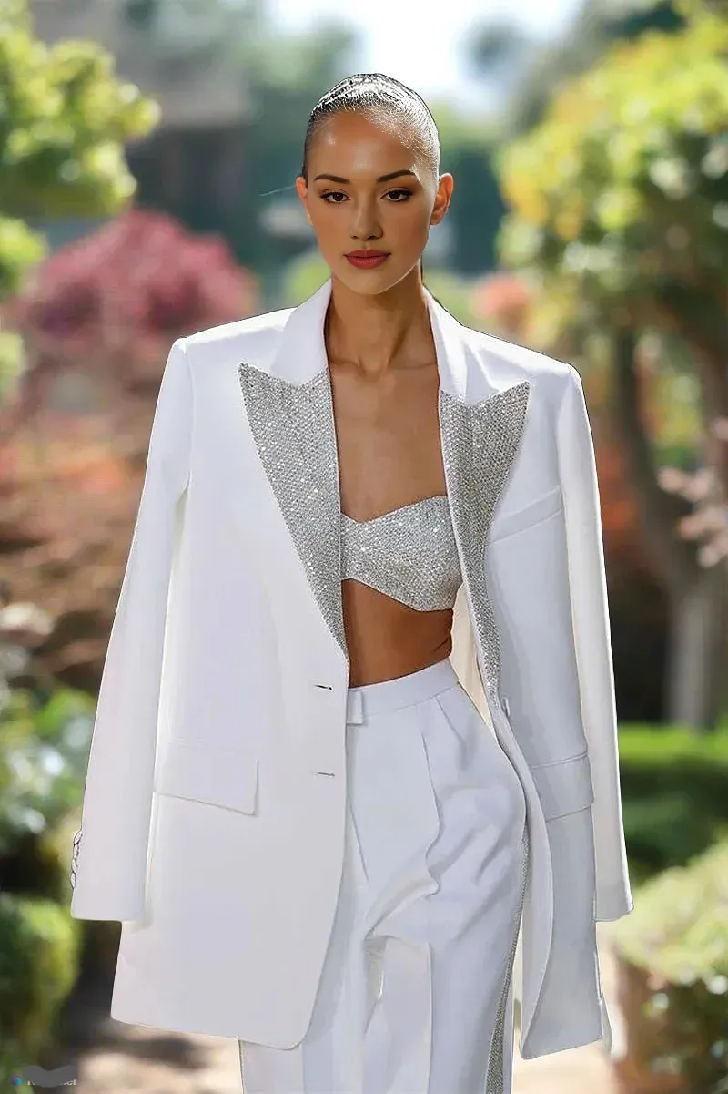 3 Pcs Women Suits Set Jewelry Lapel White Sequins Jacket Blazer Top Bra Wide Legs Pant