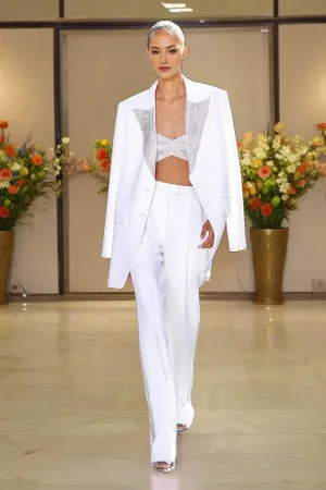 3 Pcs Women Suits Set Jewelry Lapel White Sequins Jacket Blazer Top Bra Wide Legs Pant