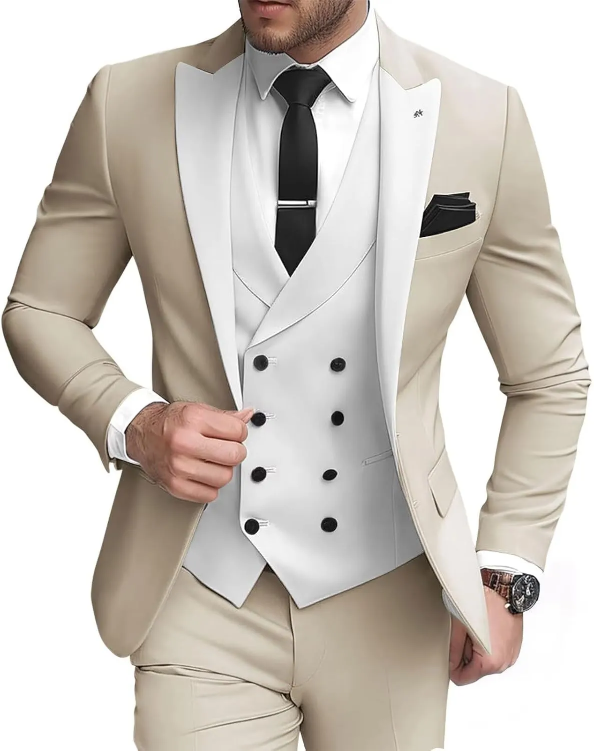 3 Piece Double Breasted Suits for Men Slim Fit Wedding Suit One Button Blazer Vest Pants Sets Formal Prom Suits