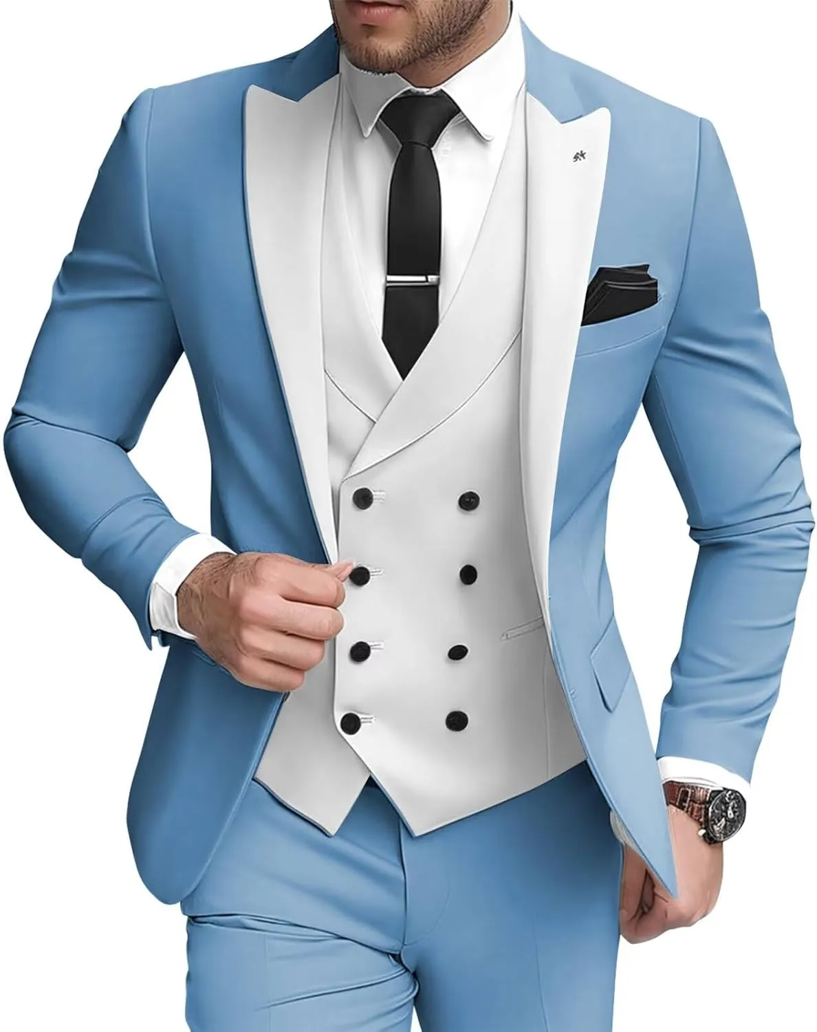3 Piece Double Breasted Suits for Men Slim Fit Wedding Suit One Button Blazer Vest Pants Sets Formal Prom Suits